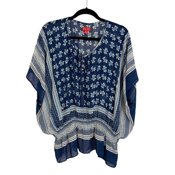 Elle Cover Up Women XL Blue Floral Smocked Summer Beach Kaftan Sheer Boho Tassel - Picture 1 of 9